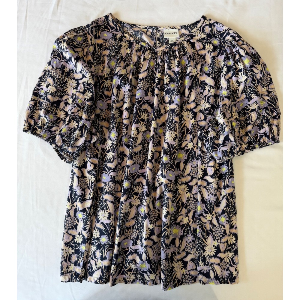 Floral Puff Sleeve Blouse Ava & Viv Navy Purple Yellow Cotton Plus Size 2X